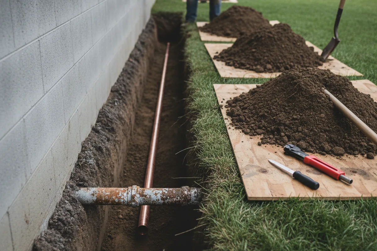 Excavated water line trench during Water Softener Installation in Jenkintown